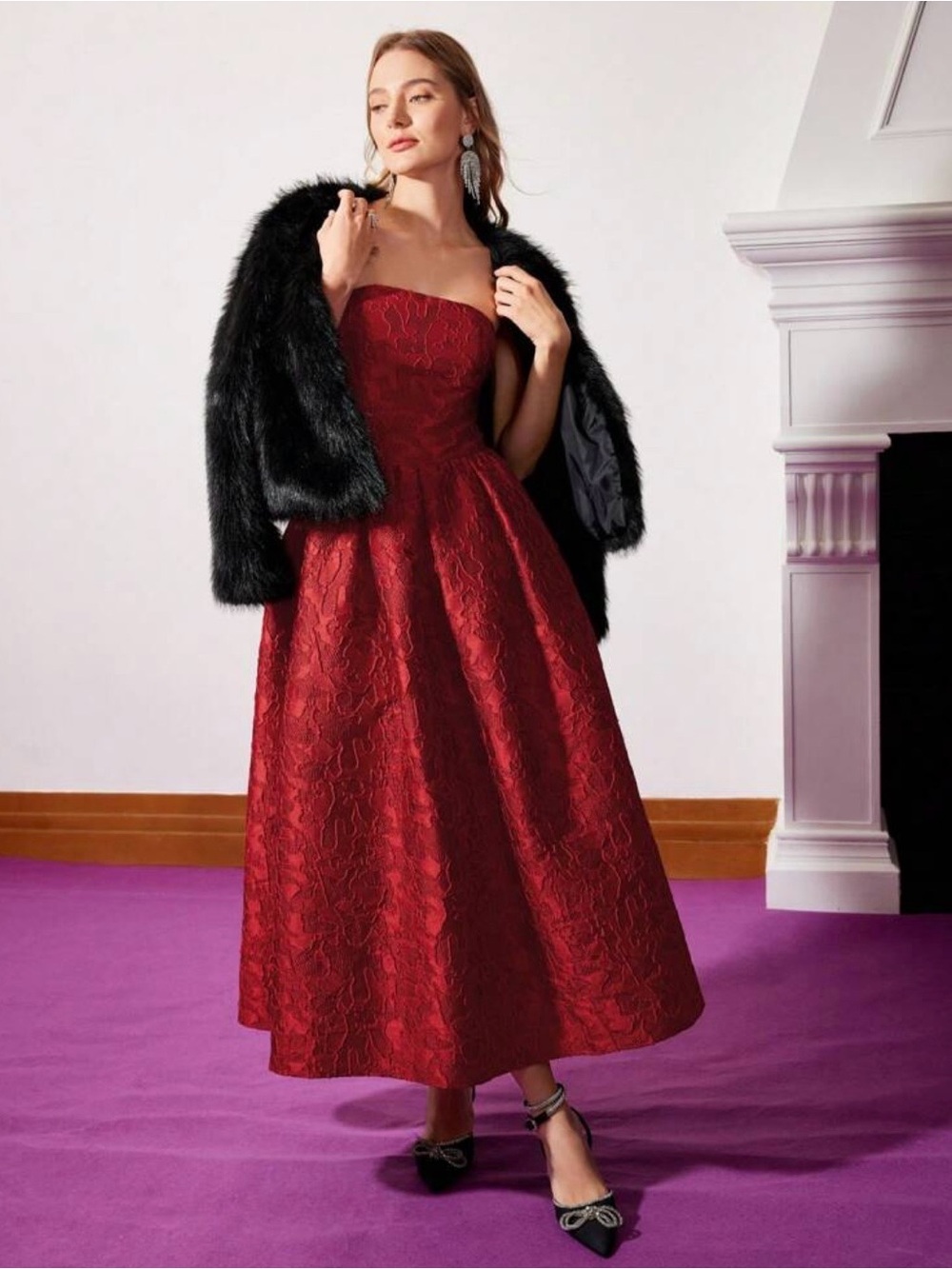 MOTF Strapless Textured Midi Dress in Burgundy Red
